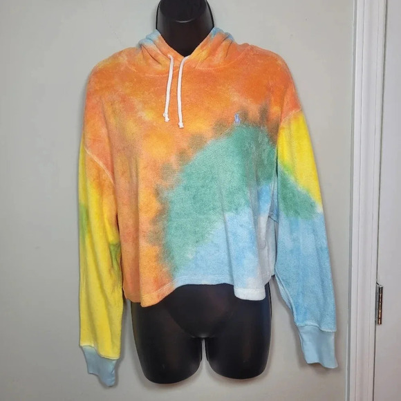Rare Authentic Polo Ralph Lauren Tie-Dye Rainbow Cropped Hoodie sz M - Picture 1 of 11